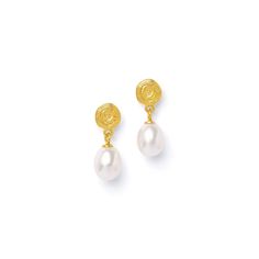 Rosalina Freshwater Pearl Earrings-Jewelry-Bernd Wolf-Sorrel Sky Gallery Elegant Gold Pearl Earrings With Polished Finish, Elegant Yellow Gold Pearl Earrings With Polished Finish, Tarnish Resistant Yellow Gold Teardrop Pearl Earrings, Tarnish-resistant Yellow Gold Teardrop Pearl Earrings, Elegant Gold-tone Drop Jewelry, Classic Plated Earrings For Formal Occasions, Hallmarked Yellow Gold Pearl Drop Earrings, Classic Gold Sterling Silver Pearl Earrings, Yellow Gold Plated Pearl Earrings