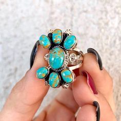 *Seven Stone Turquoise Cluster Ring Jewelry Antique, Western Jewelry, Fabulous Jewelry, White Buffalo, White Ring, Cluster Ring, Gemstone Ring, Pretty Things, Turquoise Ring