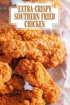 fried chicken is piled high on top of each other with the words extra crispy southern fried chicken