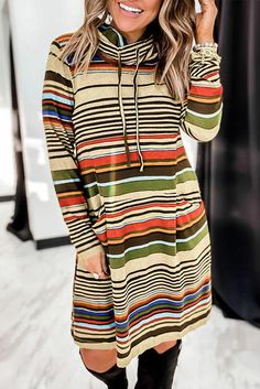 Striped Turtleneck Long Sleeve Shirt Mini Dress with Pocket Casual Multicolor Dresses For Fall, Casual Beige Long Sleeve Mini Dress, Casual Multicolor Long Sleeve Dresses, Striped Long Sleeve Dress For Fall, Casual Long Sleeve Brown Mini Dress, Multicolor Long Sleeve Mini Dress For Fall, Casual Long Sleeve Striped Mini Dress, Casual Striped Mini Dress For Fall, Casual Multicolor Long Sleeve Mini Dress