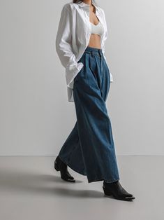 Relaxed fit, blue denim culotte pants in wide leg. High waisted with belt loops. 100% cotton/denim material. Model is in MINUSEY S. ✔️ Free worldwide express shipping over $100✔️ Loved by 6,500+ customers✔️ Limited edition collections, maximum style⠀⠀⠀⠀⠀⠀⠀⠀⠀Stay ahead of the trend with can’t-find-anywhere-else staples. Your closet will thank you 💕 * MINUSEY S = EU 34, US 2* MINUSEY M = EU 36, US 4* MINUSEY L = EU 38, US 6* 100% Cotton Denim* Dry clean* Made in Korea - Model Height: 170cm/5'7" (US2, EU34) Denim Culottes, Culotte Pants, Denim Day, Cotton Blouse, Pin Tucks, The Trend, Cotton Blouses, Anti Wrinkle, Sleeve Cotton