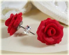 I sooo want these(: Red Rose Jewelry, Red Rose Earrings, Red Bridesmaid, Red Bridesmaids, Rose Jewelry, Bridesmaid Wedding, Earrings Stud, Red Flower, Flower Studs