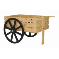 an old wooden wagon with wheels is shown