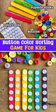 colorful buttons sitting on top of a wooden table next to some other crafting supplies