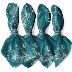 four teal colored ties with designs on them