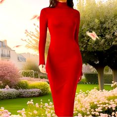 Beautiful And Very Stretching Long Maxi Dress With Long Sleeves. Red Long Sleeve Bodycon Dress For Fall, Red Stretch Bodycon Dress For Fall, Red Bodycon Dress For Winter, Red Stretch Bodycon Dress For Winter, Red Stretch Bodycon Winter Dress, Red Bodycon Mini Dress For Winter, Red Bodycon Dress For Winter Night Out, Red High Neck Stretch Dress, Chic Red Long Sleeve Bodycon Dress