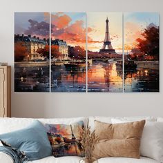 a living room scene with the eiffel tower in the distance and water reflection on the wall