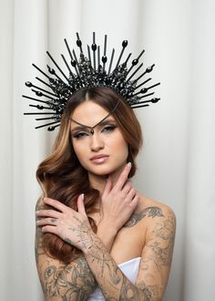 About item Handmade Gothic black halo crown with crystals. The height of the composition is 6 inches (13 cm) The size of this headdress is universal for adult person. It sits soft and comfortable on the head and you can dance and move a long time. Shipping time of the items located in the USA stock typically takes 1-4 business days in the USA. For any questions please mail me, i'll be very happy to help you . See all of my shop: https://www.etsy.com/shops/Vetochka4U See more accessories in insta Black Halo Crown, Woodland Tiara, Witch Headband, Christmas Headpiece, Vampire Wedding, Fairy Headpiece, Black Tiara, Gothic Crown, Wedding Halo