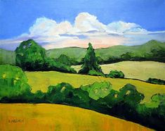 an oil painting of green hills and trees