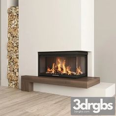 a modern fireplace with logs in the background