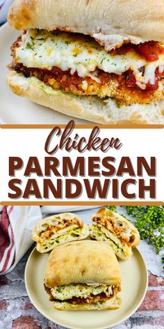 chicken parmesan sandwich on a white plate with the title above it and below