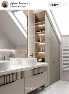 an image of a bathroom setting with double sinks and skylights above the sink area