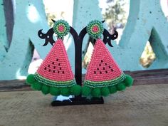 These watermelon slice earrings would make a perfect and unique gift for family, friend, or yourself. If you like these bead embroidery earrings, but would like them in a different color please email me because I do special orders. ★DIMENSIONS: 7.5*4.5 cm (2.95*1.77 Inches) ★READY TO SHIP Made with love and care about you!♥ ★The colors can slightly differ from the photo because of photography lighting and monitor settings. ★ESTIMATED SHIPPING TIMES: North America: 2-4 weeks Europe: 1-3 weeks Aus Fun Green Beaded Earrings For Summer, Handmade Playful Earrings For Summer, Playful Handmade Earrings For Summer, Green Beaded Earrings For Summer Fun, Playful Handmade Summer Earrings, Green Handmade Fun Earrings, Fun Green Beaded Earrings For Gift, Green Fun Beaded Earrings For Gift, Green Beaded Fun Earrings