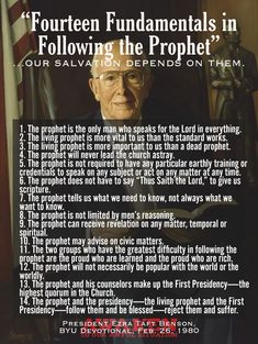 a poster with an image of a man sitting in a chair and the words fourteen fundamentals in following the prophet