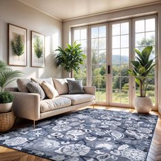 a living room filled with furniture and plants