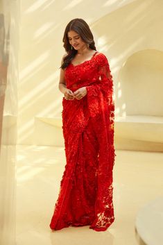 Ruby Red Floral Saree – Studio East6 Red Floral Saree, Red Saree Wedding, Red Sari, Floral Saree, Indian Fashion Saree, Net Saree, Red Saree, Party Wear Indian Dresses