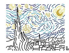 the starry night over a city with buildings and trees in it, drawn by hand