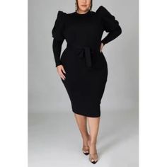 Plus Size Puff-Sleeve Casual Belted Midi Dress - L / Black Autumn Silhouette, Blazer And Skirt Set, Round Pattern, Oversized Shirt Dress, Silver Headband, Blazer And Skirt, Belted Midi Dress, White Headband, Casual Belt