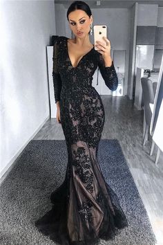 Wanna Prom Dresses, Evening Dresses in Tulle, Mermaid style, and delicate Appliques work? Ballbella has all covered on this elegant Charming Black Tulle Nude Lining Evening Dresses with Sleeves Elegant Long Sleeves Beads Appliques Prom Dresses yet cheap price. Black Wedding Dress, Dark Wedding, Black Mermaid, Floor Length Prom Dresses, Evening Dresses With Sleeves, Black Prom Dress, Black Prom, Black Tulle, Gothic Wedding