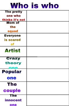 a table with different types of words in each word, including one that says who is who