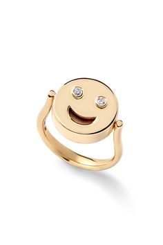 A ring to reflect your emotions! Flip the ring to show you are happy or sad. Our 14K Yellow Gold Happy Sad Flip Ring features White Diamond Eyes and Blue Topaz Tears. Flip Rings Jewelry, Emotion Ring, Real Mood Ring, Diamond Smiley Face Ring, Playful Gold Jewelry With Smiley Face, Band Necklace, Alison Lou, Diamond Eyes, Graduation Gifts For Her