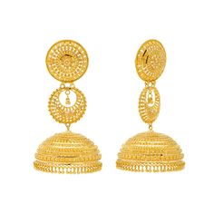 These elegant 22 karat yellow gold jhumka earrings for women will add a shimmering effect to any look. Features• 22K Yellow GoldAdd a pair of 22 karat gold earrings from Virani to your jewelry collection! Our assortment of fine gold jewelry for women includes a vast assortment of 22 karat gold earrings in traditional and western styles for all occasions. Specifications• Minimum Earring Width - 7 millimeter• Maximum Earring Width - 40 millimeters• Earring Size - 76 millimeters• Earring Length - 3 Luxury Traditional Yellow Earrings, Luxury Round Gold Plated Danglers, 22k Gold Chandbali Jhumkas For Diwali, 22k Gold Jhumkas For Diwali, Yellow Gold Chandbali Jhumkas For Diwali, 22k Gold Bollywood Chandbalis, Diwali Yellow Gold Chandbali Jhumkas, Festive 22k Gold Jhumkas, Yellow Gold Jhumkas For Diwali