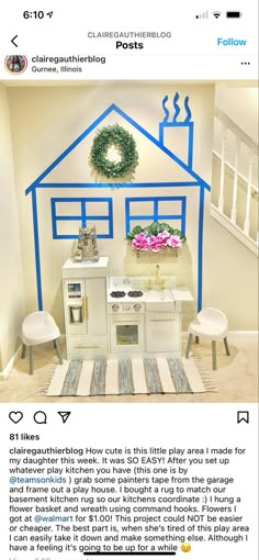 an image of a house with blue trim on the front and side walls, as well as a white stove top oven