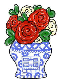 a blue and white vase with red roses in it