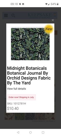 an image of a website page with the text midnight botanicals, orchid designs fabric by the yard details