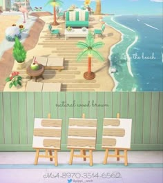 an animated beach scene with chairs and palm trees