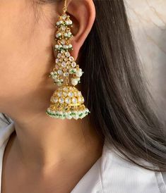 Real Gold Plated High Quality Faux Uncut Polki Lab Emerald - Etsy Ceremonial Meenakari Danglers, Ceremonial Jhumkas For Diwali, Festive Ceremonial Jhumkas With Latkans, Cutdana Tikka For Celebration, Kundan Jhumkas For Ceremonial Occasions, Heavy Bridal Earrings For Festive Occasions, Ceremonial Heavy Danglers, Heavy Kundan Tikka, Heavy Jhumkas For Festive Occasions