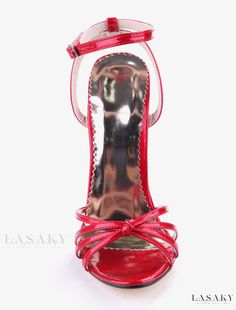 Lasaky - Womens Patent Leather High Heel Sandals - Red Open-Toe Heels with Elegant Knot Detailing Party Sandals With Red Sole And Ankle Strap, Chic Red Strap Sandals, Chic Red Strap Heels, Red Strap Heels For Evening, Red Strappy Sandals With 4-inch Heel, Red High Heel Sandals For Evening, Red Open Heel Sandals For Party, Red Open Toe Heels For Evening, Red Open Toe Heels With 4-inch Heel