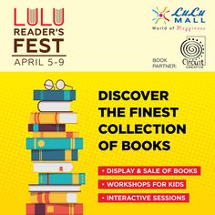 a poster for the book festival with books stacked on top of each other