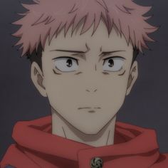 an anime character with pink hair wearing a red hoodie and looking at the camera