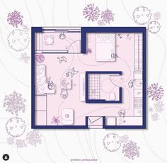 an overhead view of a bedroom and living room from above, with the floor plan outlined in blue