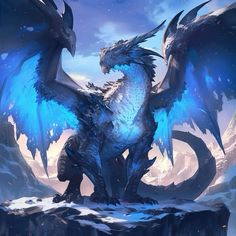 a large blue dragon sitting on top of a mountain