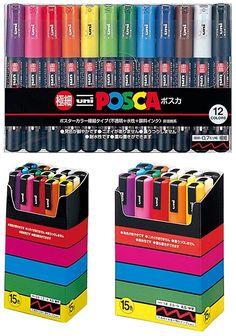 several different colored markers in boxes with one pen and the other marker pens are next to each other