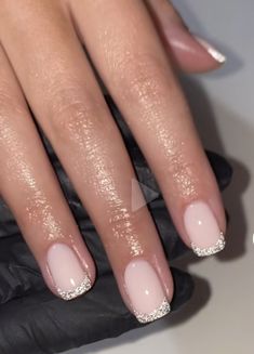 Silver White French Tip Nails, Blue Sparkle Tip Nails, Shimmery French Tip Nails, French Nails Sparkle, French Sparkle Nails, French Nails With Sparkle, Cute Summer Nails 2023, Sparkly Dip Nails, Nails For Formal Event