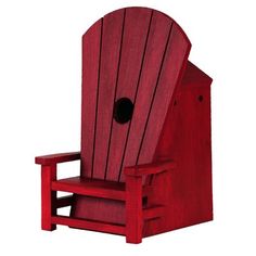 a red wooden chair with a hole in the back that has been built into it