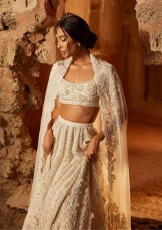 Ridhi Mehra-Mir Ivory Embroidered Lehenga Set-INDIASPOPUP.COM Ridhi Mehra, White Lehenga, Simple Lehenga, Raw Silk Lehenga, Net Blouses, Embroidered Crop Tops, Net Lehenga, Embroidered Lehenga, Pretty Princess