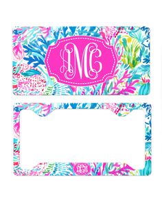 two place mats with the monogrammed initials and tropical leaves on them, one is pink