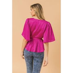 Solid satin top featuring surplice neckline, short angel sleeve, front pleats, self sash belt, peplum and back zipper closure Royal Closet, Best Top, Angel Sleeve, Surplice Neckline, Sash Belts, Sash Belt, Peplum Blouse, Satin Top, One Shoulder Blouse