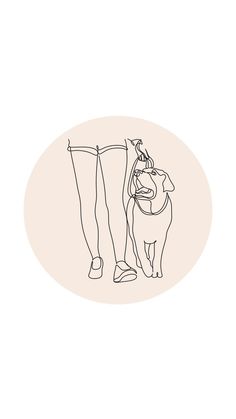 a line drawing of a person walking with a dog on a leash in front of a white background