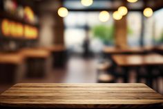 an empty wooden table in a restaurant with blurry lights on the wall behind it