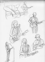 a pencil drawing of people playing instruments and singing in various poses, with one man holding a guitar