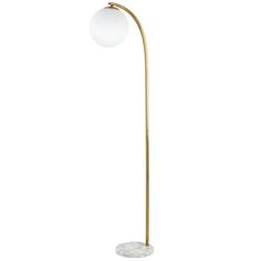 a floor lamp with a marble base and two white balls on the top of it