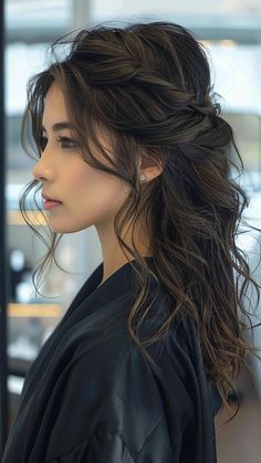 20 Stunning Half-Up Half-Down Hairstyles for Black Hair Half Up Hairstyles Wedding Bridesmaid, Loose Braids Half Up Half Down, Half Up Wedding Hairstyles With Braid, Hairstyles For Long Layered Hair Half Up, Textured Bridesmaid Hair, Half Back Hairstyles Wedding, Up Down Hairstyles Wedding, Half Up Half Down Hair Brown Curls, Curly Bride Hairstyles Half Up Half Down