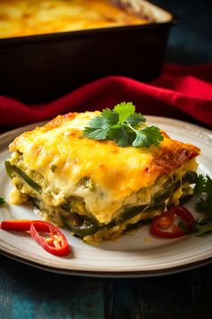 a white plate topped with lasagna covered in cheese