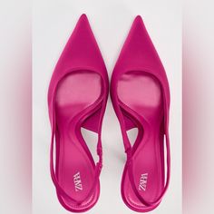 New Zara Satin Effect Heeled Slingbacks Size 8 Color Fuchsia Heeled Satin Effect Fabric Slingbacks. Elastic Heel Strap. Pointed Toe. Heel Height: 3.7 Inches (9.5 Cm) Composition Upper 100% Polyester Lining 100% Polyester Sole 100% Polyurethane Thermoplastic Insole 90% Polyurethane 10% Polyester Pink Low Heel Slingback Pumps For Evening, Pink Closed Toe Slingback Pumps For Summer, Pink Slingback Pumps For Summer, Pink High Heel Slingback Pumps For Formal Occasions, Pink High Heel Slingback Pumps For Formal Events, Pink Ankle Strap Slingback Sandals For Evening, Chic Pink Slingback Pumps With Heel Strap, Zara High Heel Slingback Pumps For Summer, Pink Slingback Pumps With Pointed Toe And Heel Strap