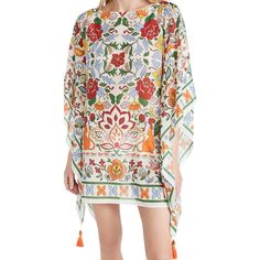 This Tory Burch Folkloric Printed Beach Caftan Tunic Is In Good Condition. This Top Features The Folklore Print--A Colorful Cat And Floral Print. Tassel Detailing. Cotton Silk Blend, Round Neck. Light Weight Material--Great As A Cover Up! Some Wear Throughout. Size S Small Chest: 40.5" Length: 31" Beach Season Floral Print Tunic Cover-up, V-neck Floral Print Tunic For Beach Cover-up, Floral Print V-neck Tunic For Beach Cover-up, Multicolor Floral Print Tunic For Beach Cover-up, Silk Kaftan With Floral Print For Beach Cover-up, Caftan Tunic, Beach Caftan, Colorful Cat, Small Chest